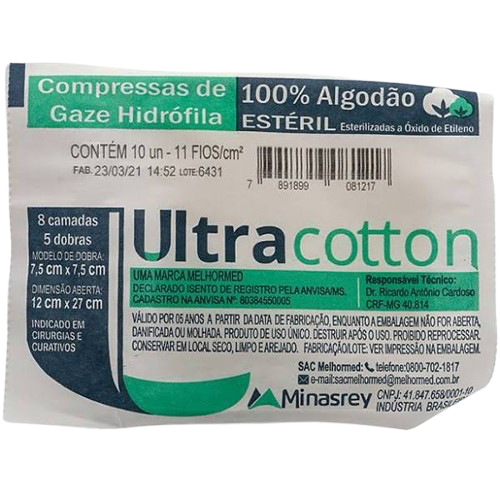 Compressa de Gaze 11 fios 7,5cm X 7,5cm Estéril (Pct.10un) - UltraCotton