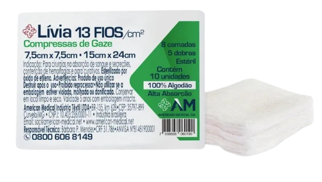 Compressa de Gaze 13 fios 7,5cm X 7,5cm Estéril (Pct.10un) - Amed
