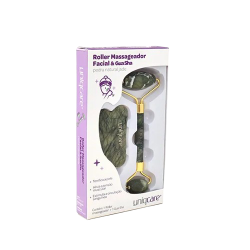 Roller Massageador Facial Manual e Guasha em Pedra Natural Jade - Uniqcare