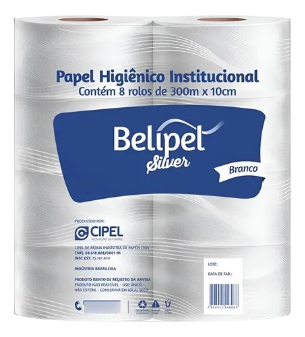 Papel Higiênico Institucional Silver 300m X 10cm (Pct. 8 Rolos) folhas simples - Belipel
