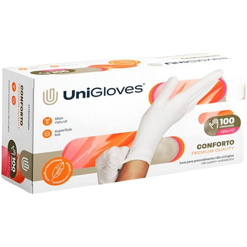 Luva de Procedimento Látex sem pó Tam. G confort, lisa, branca (Cx. com 100un) - Unigloves