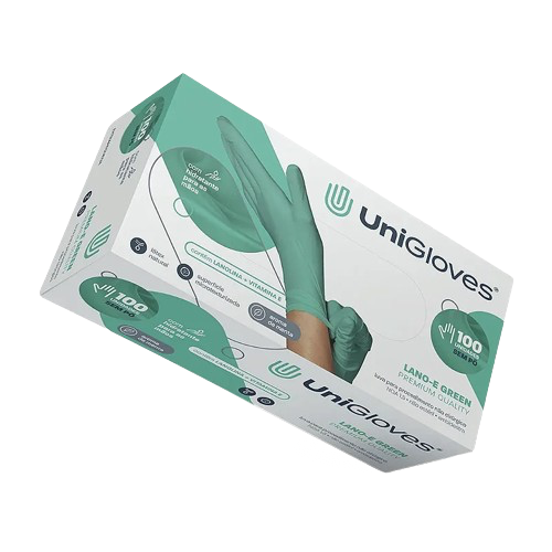Luva de Proced. s/ Pó Lano-E Tam. PP Premium Quality Verde (cx. 100un) - Unigloves