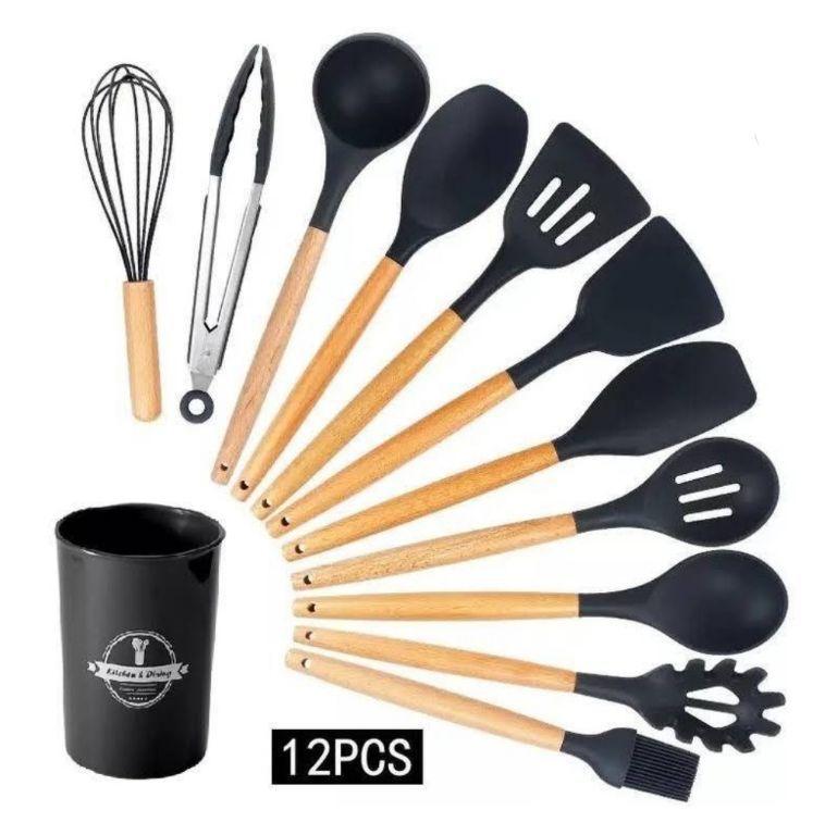 Kit C/12 Utensílios De Cozinha Silicone Cabo Madeira Coloridos Mini