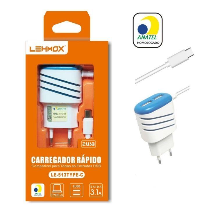 Carregador De Celular Type c Rápido 2USB 3.1A Lehmox LE-513