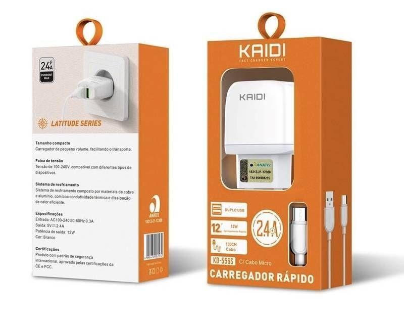 Carregador De Celular TYPE-C Rápido Duplo 2USB 2.4A KAIDi