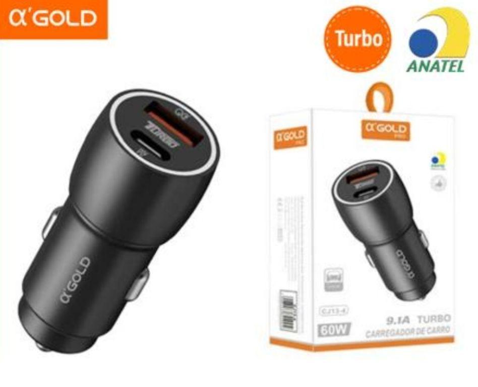 FONTE CARREGADOR DE CARRO PD+USB Turbo 60W 9.1A AGOLD CJ13-4
