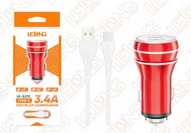 Carregador Completo De Celular TYPE-C 3.4A Para Carro Veicular - LELONG LE-527C