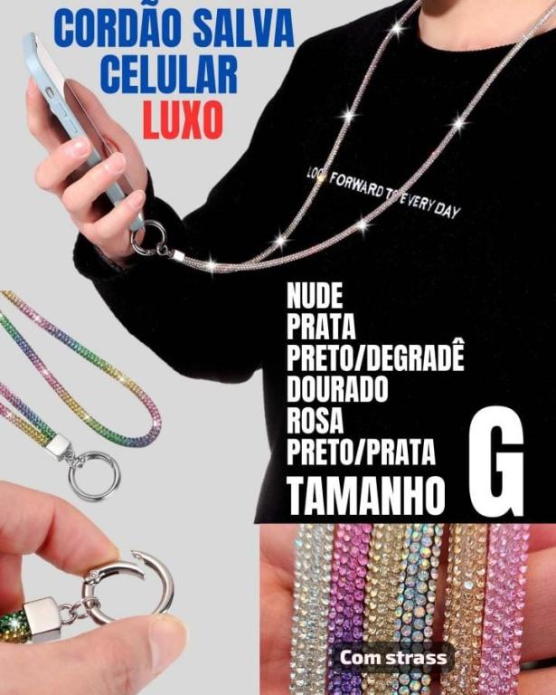 Cordão Salva Celular com strass G pescoço