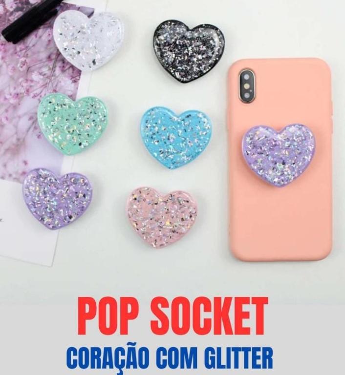 Pop Socket para Celular coração com gliter