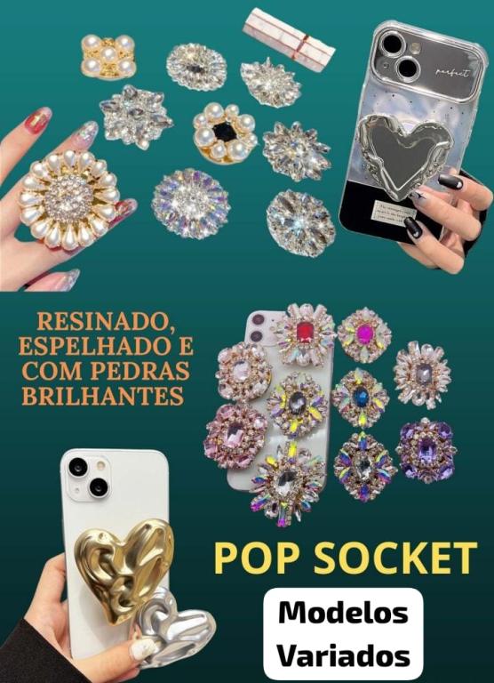 Pop Socket para celular resinado espelhado e com pedras brilhantes