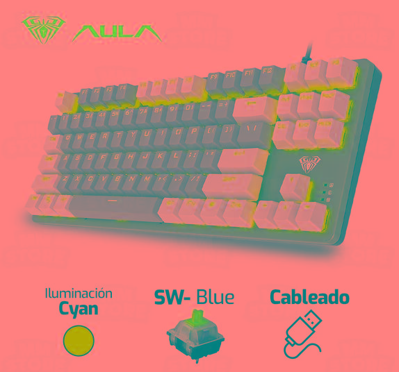 TECLADO GAME MECANICO AULA F3287 | SW-BLUE | LUZ CYAN | GRIS-BLANCO