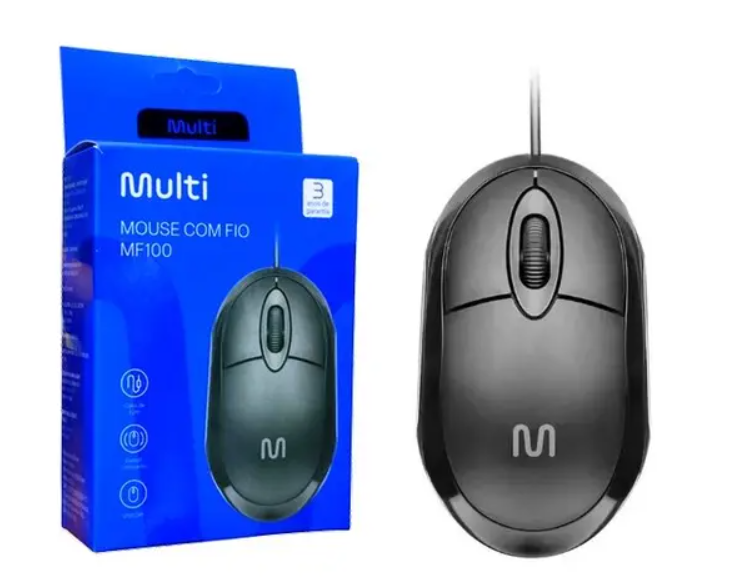Mouse Com Fio Classic Conexão USB 1200dpi Cabo de 120cm 3 Botões Preto Multi (Multilaser) - MO300