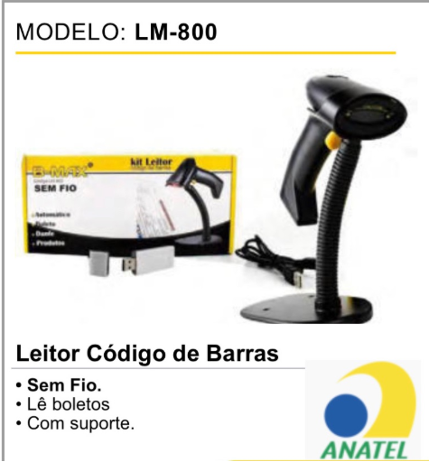 Leitor de codigo de barras sem fio, lê boletos é com suporte