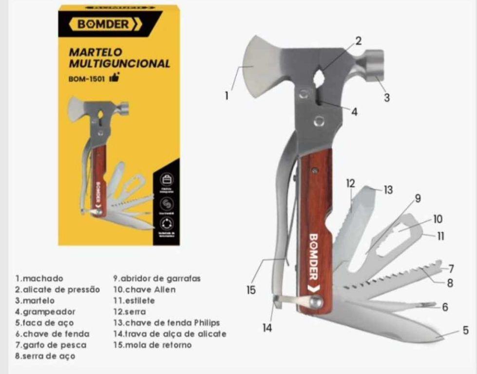 Kit Ferramentas Martelo Machadinha 11 em 1 Aço Inox + Bolsa BOMDER