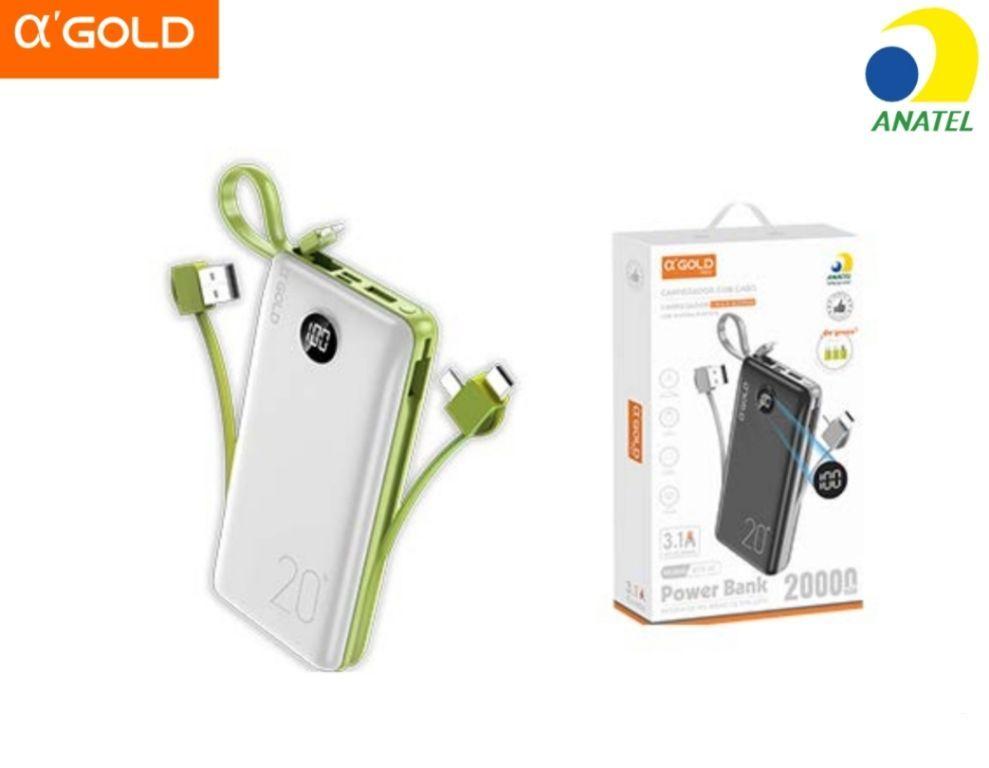 Carregador Power Bank Portátil Celular Rápido 3.1A 20.000MaH ANATEL ORIGINAL- A’Gold BTE-02 powerbanking