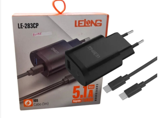 CARREGADOR TURBO 5.1A ENTRADA TYPE-C + USB COM CABO DUPLO TIPO-C LELONG LE-283CC