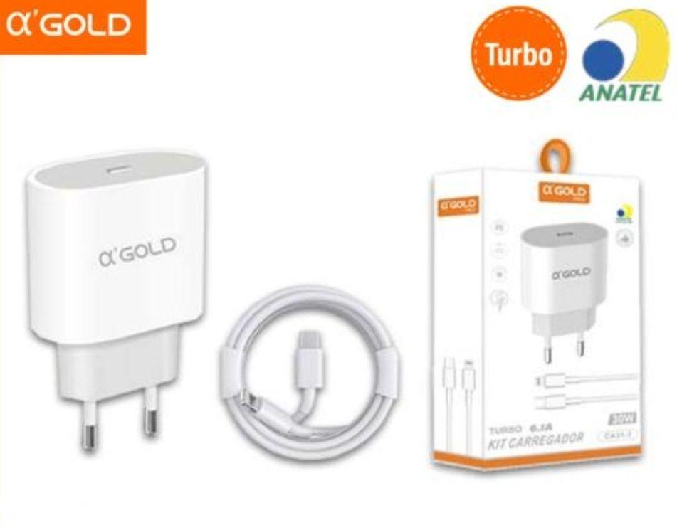 Kit Completo Carregador Ios De IPhone Turbo 30W PD Fonte + Cabo Lightning e Tipo C A‘Gold CA31-2