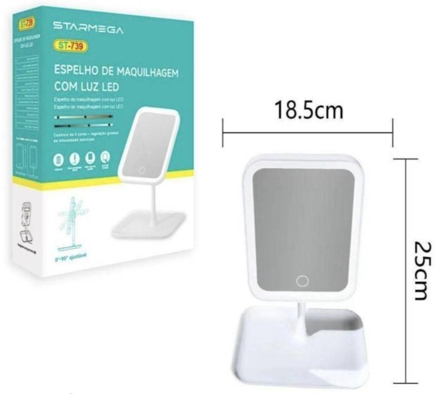 Espelho Maquiagem LED Recarregável 3 Cores de Luzes Touch Linear