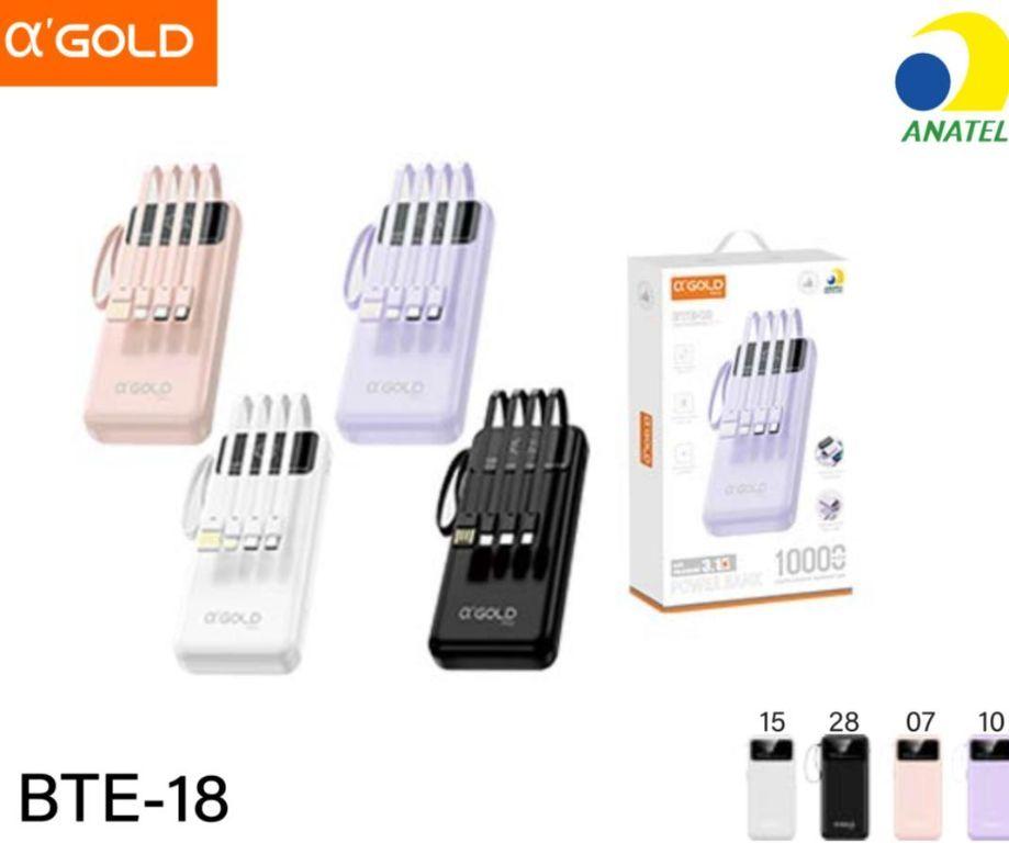 Carregador Portátil Power Bank 10000mah Com Tela LED, Carga Turbo E Cabos Embutidos BTE-18