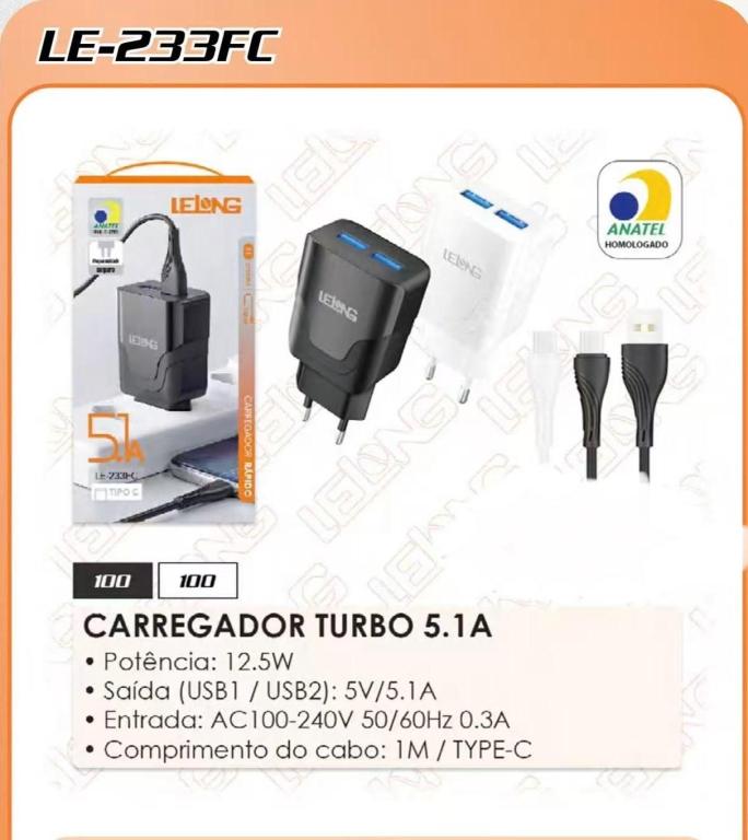 LELONG-CARREGADOR RAPIDO- 5.1A 2USB-TPC LE-233FC