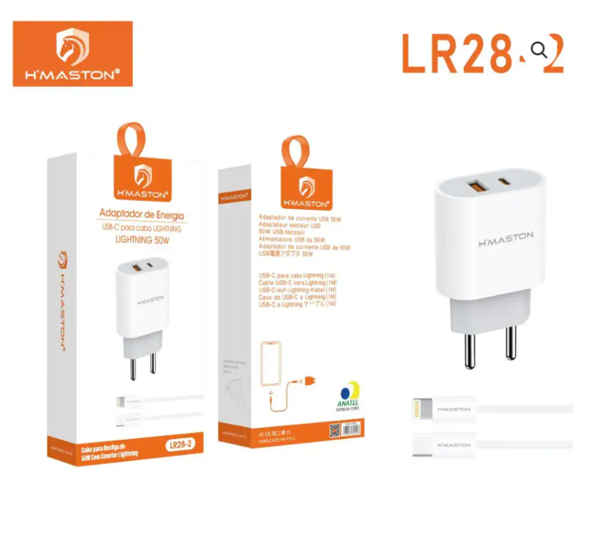 Carregador H’MASTON LR28‑2 Carregador Turbo 50W com USB-A e USB-C Compacto e Portátil