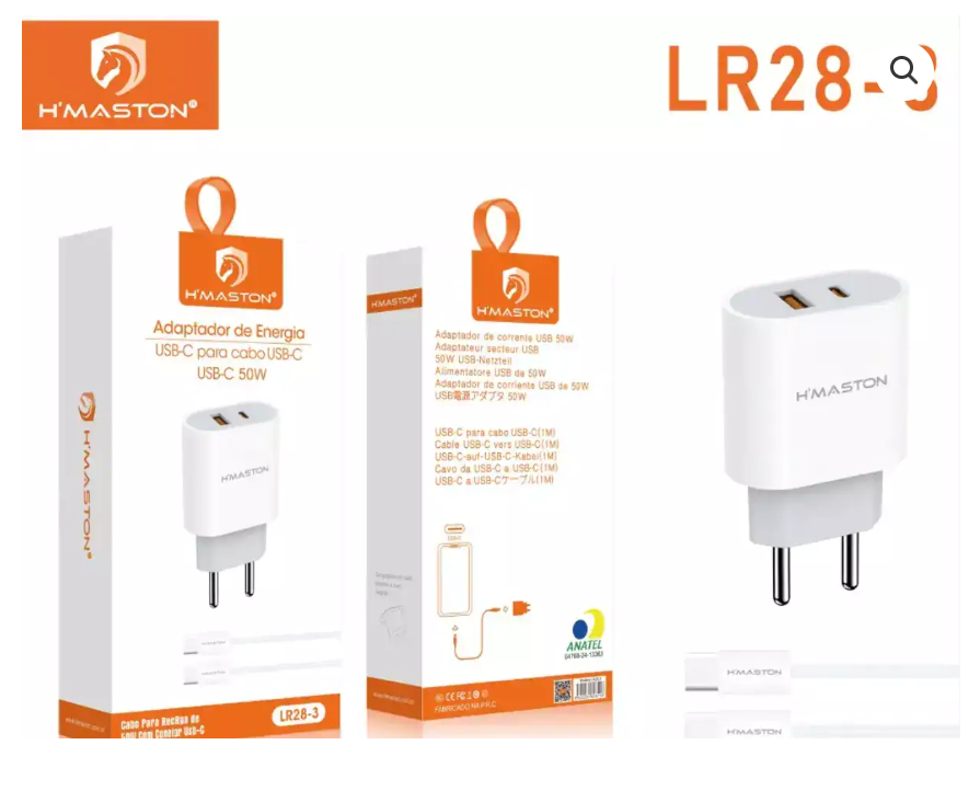 Carregador H’Maston LR28-3 | Fonte Turbo 50W com Entradas USB-C e USB-A