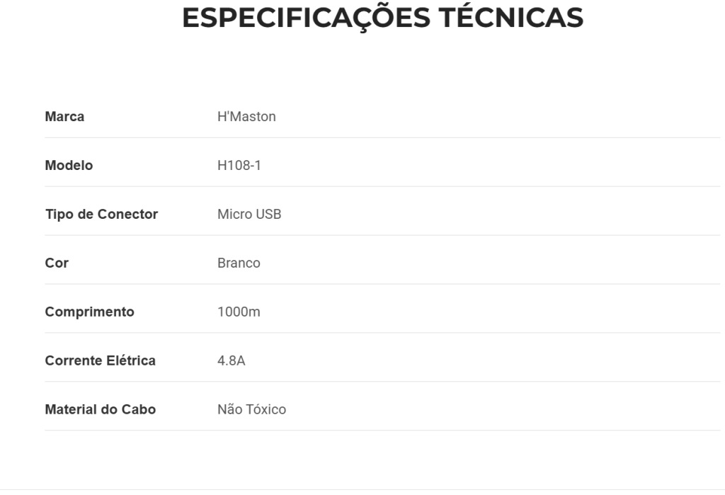 Cabo HMaston v8 H108-1 Cabo USB Alta Velocidade