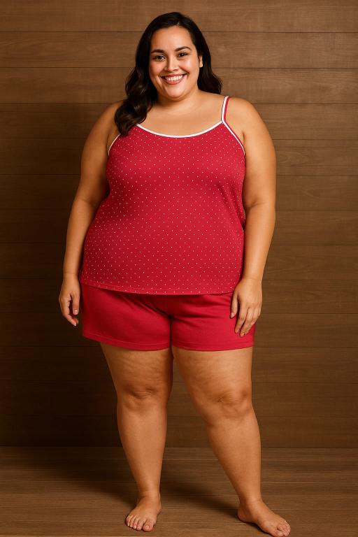 810 PIJAMA BLUSA ALÇA NO POA E SHORT PLUS - VERMELHO