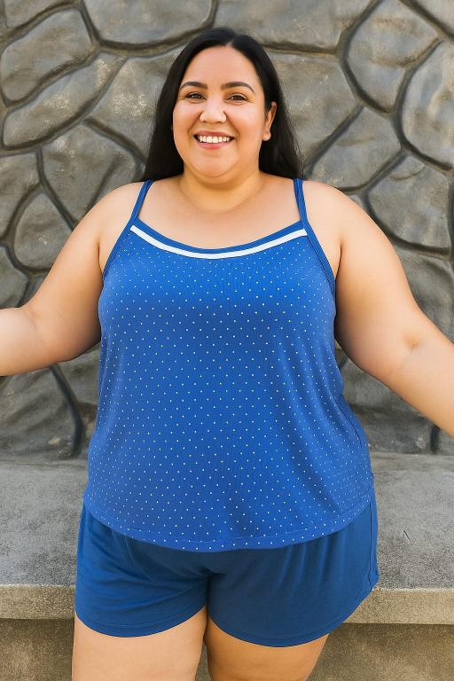 810 PIJAMA BLUSA ALÇA NO POA E SHORT PLUS - MARINHO