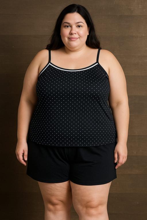 810 PIJAMA BLUSA ALÇA NO POA E SHORT PLUS - PRETO