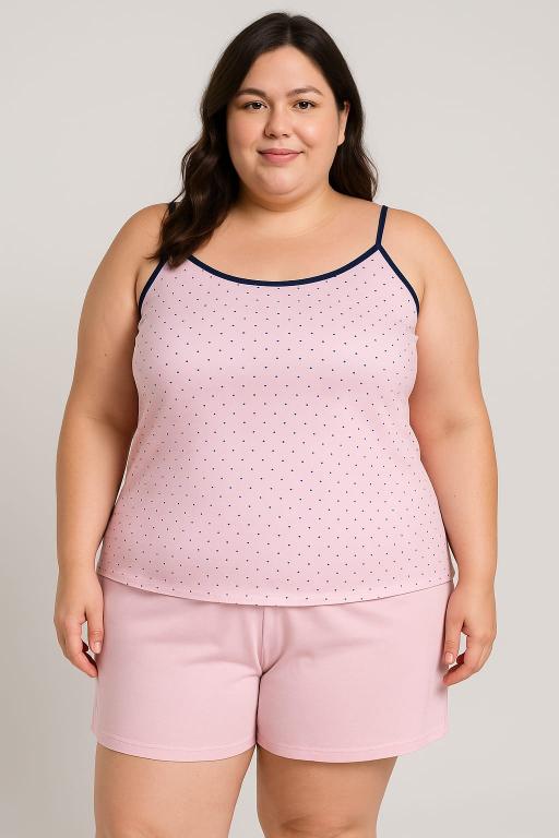 810 PIJAMA BLUSA ALÇA NO POA E SHORT PLUS - ROSA BEBE