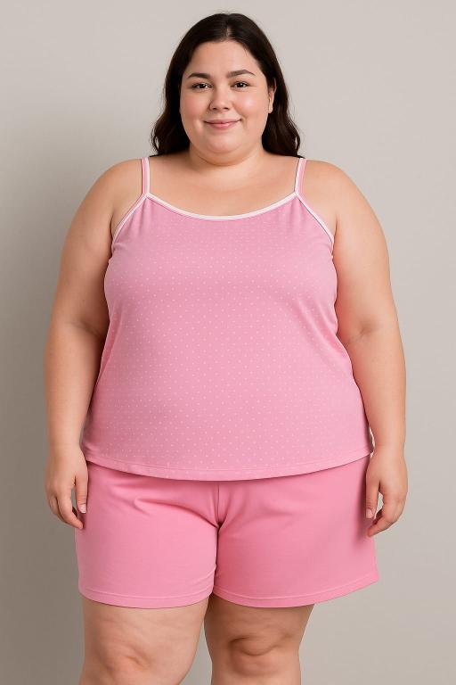 810 PIJAMA BLUSA ALÇA NO POA E SHORT PLUS - ROSA CHICLETE