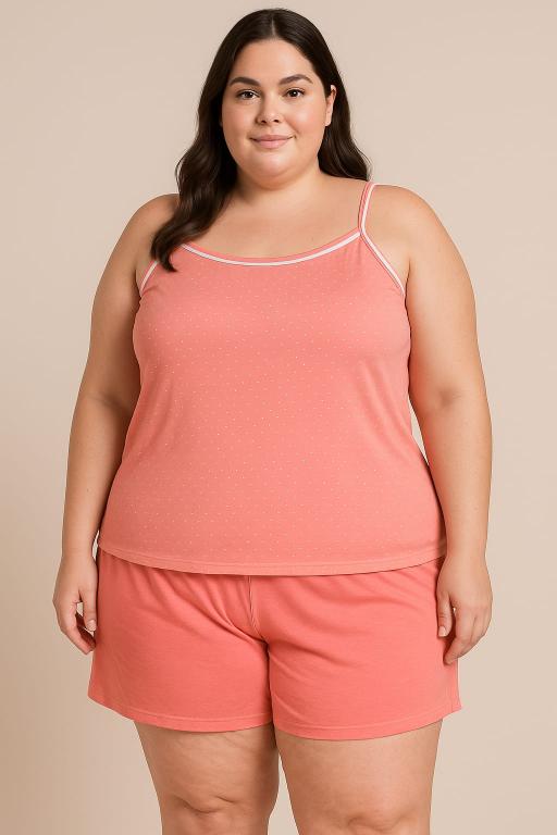 810 PIJAMA BLUSA ALÇA NO POA E SHORT PLUS - SALMÃO