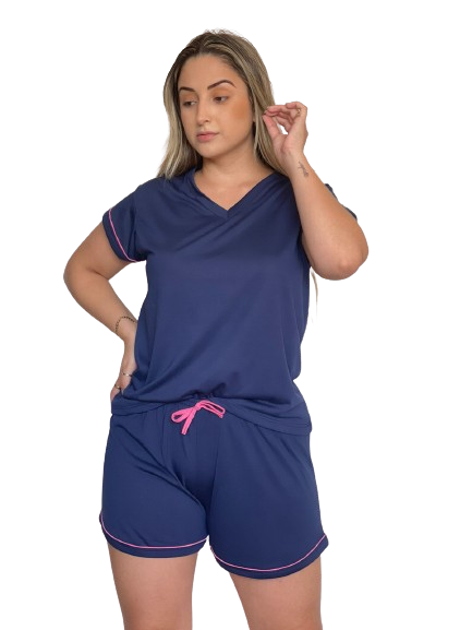 500 PIJAMA MEIA MANGA COM CALÇA E SHORT 03 PEÇAS - AZUL MARINHO