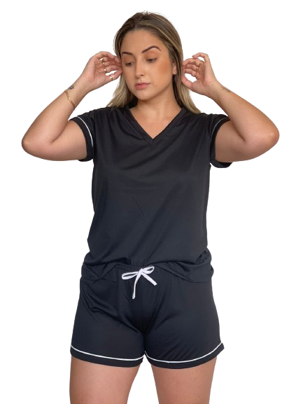 500 PIJAMA MEIA MANGA COM CALÇA E SHORT 03 PEÇAS - PRETO