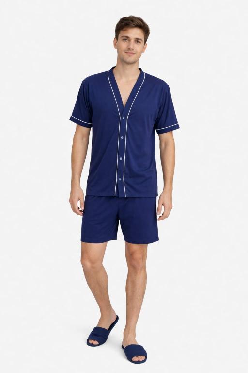 428 PIJAMA MASCULINO ABERTO COM BOTOES LISO - AZUL MARINHO