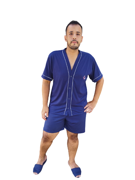 428 PIJAMA MASCULINO ABERTO COM BOTOES LISO - AZUL MARINHO