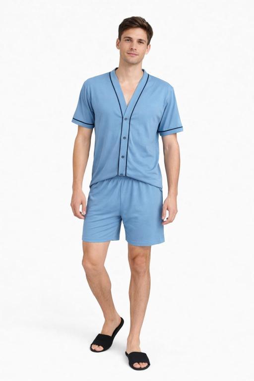 428 PIJAMA MASCULINO ABERTO COM BOTOES LISO - AZUL PETROLEO