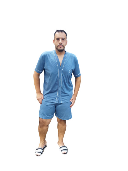 428 PIJAMA MASCULINO ABERTO COM BOTOES LISO - AZUL PETROLEO