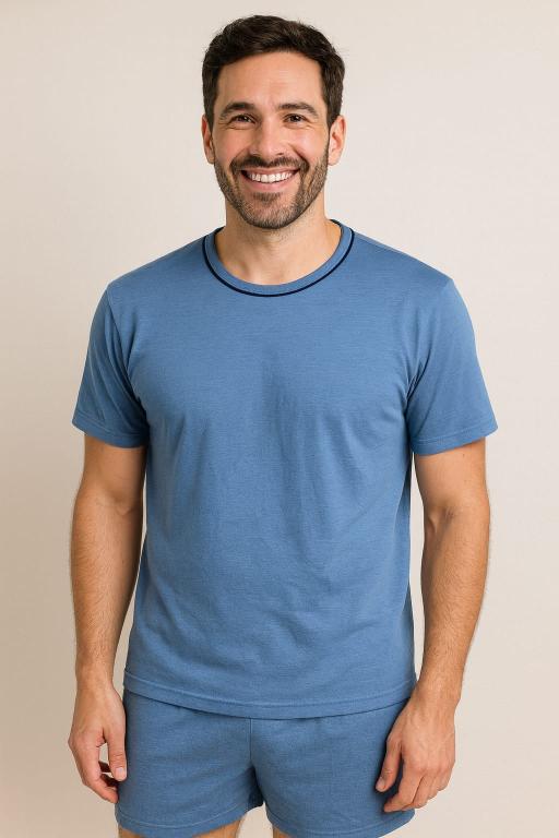 852 PIJAMA MASCULINO LISO GOLA REDONDA - AZUL PETROLEO