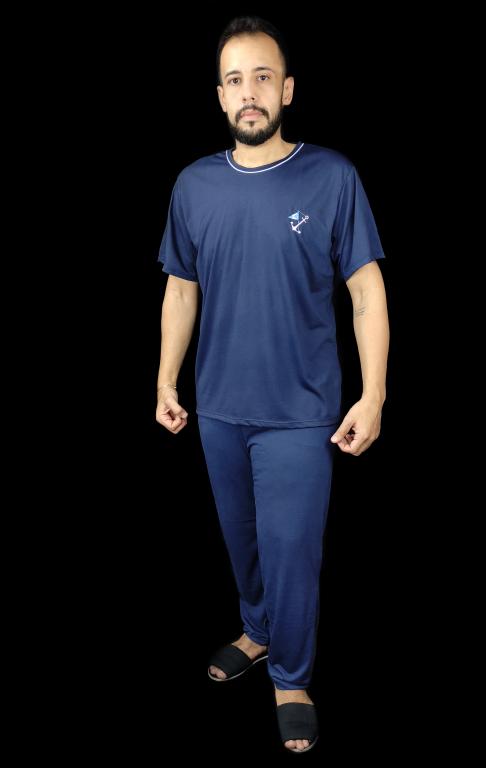 854 PIJAMA MASCULINO LISO GOLA REDONDA COM CALÇA - AZUL MARINHO