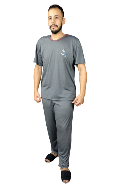 854 PIJAMA MASCULINO LISO GOLA REDONDA COM CALÇA - CHUMBO