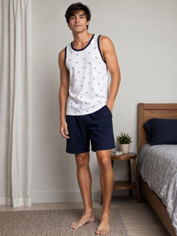 818 PIJAMA  MASCULINO CAMISETA ESTAMPADO  - AZUL MARINHO