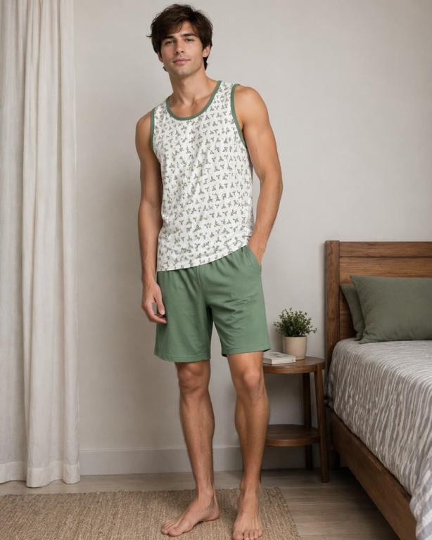 818 PIJAMA  MASCULINO CAMISETA ESTAMPADO  - VERDE