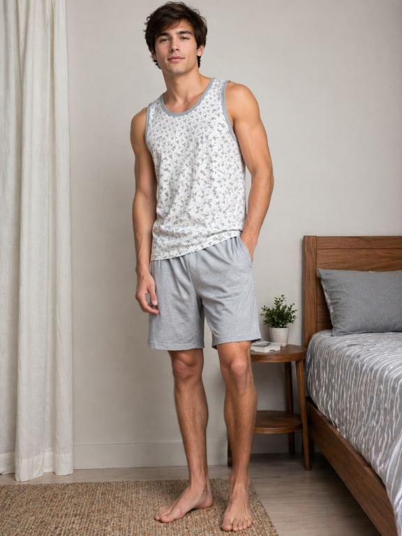 818 PIJAMA MASCULINO CAMISETA ESTAMPADO  - CINZA