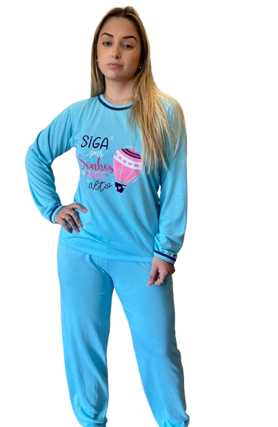 400 PIJAMA FEMININO LONGO LISO - AZUL