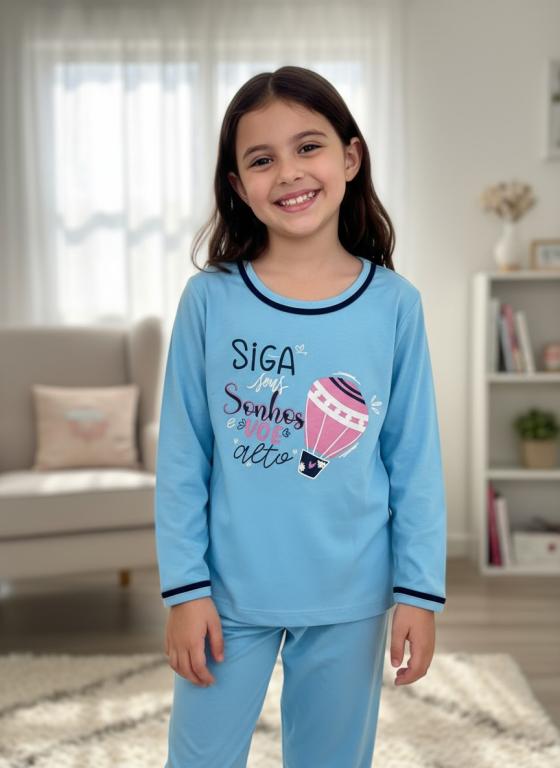 402 PIJAMA FEMININO INFANTIL LONGO LISO - AZUL
