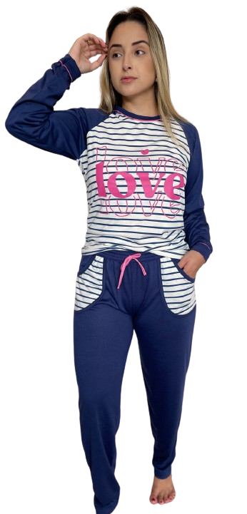 498 PIJAMA LONGO DE BOLSO MANGA RAGAM - AZUL MARINHO