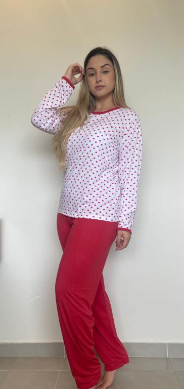 404 PIJAMA LONGO BLUSA ESTAMPADA CALÇA LISA - VERMELHO
