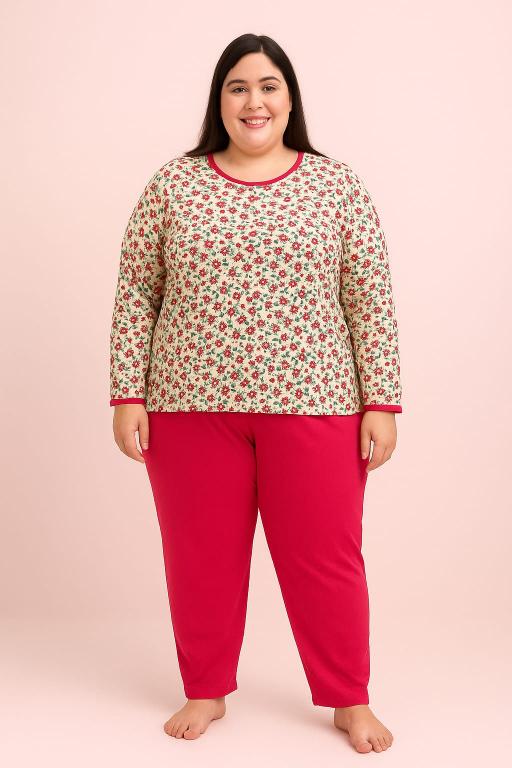 404PLUS PIJAMA LONGO ESTAMPADA CALÇA LISA PLUS  - ROSA PINK